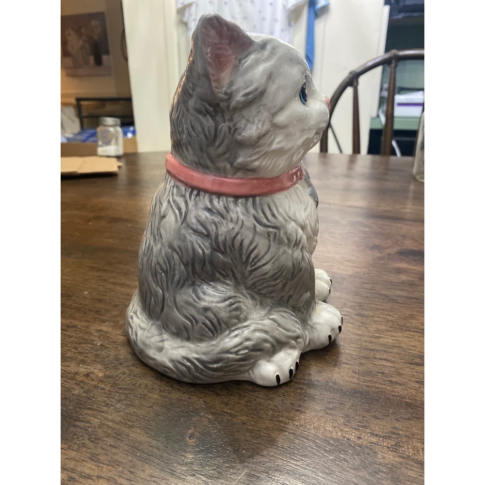 Westland Giftware Ceramic Cat Coin Bank Grey White Pink Collar Fish Charm - Picture 3 of 6